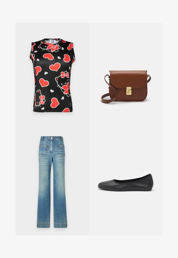 Juodas be rankovių topas su spalvingu Hello Kitty veidų ir raudonų širdžių raštu. Pagamintas iš lygaus audinio, turi apvalų iškirpimą.; Šviesiai mėlynos džinsinės platėjančios kelnės su penkiomis kišenėmis, diržo kilpojais, mygtuko uždarymu ir šiek tiek nusidėvėjusia struktūra, su raudonu logotipo akcentu ant nugaros.; Juodai odiniai baletai su apvaliu pirštu, lygi texture, minimalus siuvimo detales ir lanksčiu padų dizainu.; Ruda odinė rankinė su uždaromu dangteliu, aukso spalvos detalėmis, petneša ir lygiu paviršiumi. Kompaktiška stačiakampio formos.