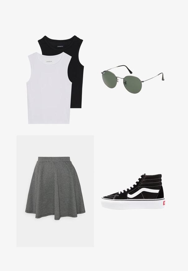 To skjortetopper uten ermer i svart og hvitt, laget av ribbestrikket bomull, med rund hals og en tettsittende design. Merker synlige på begge.; Sorte og hvite rutete skater skjørt med en tettsittende midjebånd og flagrende hem, laget av teksturert stoff som viser et klassisk mønster.; Svarte høyhælte joggesko med hvite snøringer, en hvit logo og kontrasterende hvit søm. Har en tykk hvit såle og teksturert semsket skinn på overflaten.; Metallinnrammede solbriller med ovale grønne linser. Tynn sølvfarget metallramme og svarte øreplugger. Minimalistisk design, ingen synlige logoer.