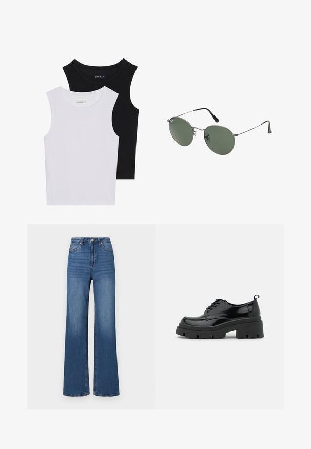 Divas bez piedurknēm melnbaltā krāsā, izgatavotas no ribotu kokvilnas, ar apaļām kakla izgriezumiem un pieguļošu dizainu. Uz abām ir redzami etiķetes.; Augstas jostas, platu kāju zila džinsa bikses, ar klasisku piecu kabatu dizainu un vieglu izbalēšanu gar kājām.; Melnas lakotas ādas kurpes ar masīvu platformas zoli un biezām šņorēm. Apaļa purngala forma, minimālas detaļas un neliela papēža cilpa aizmugurē.; Metāla rāmji saulesbrillēm ar ovālām zaļām lēcām. Tievs sudraba metal rāmji un melni ausu spilventiņi. Minimalistiska dizaina, bez redzamām apzīmējumiem.