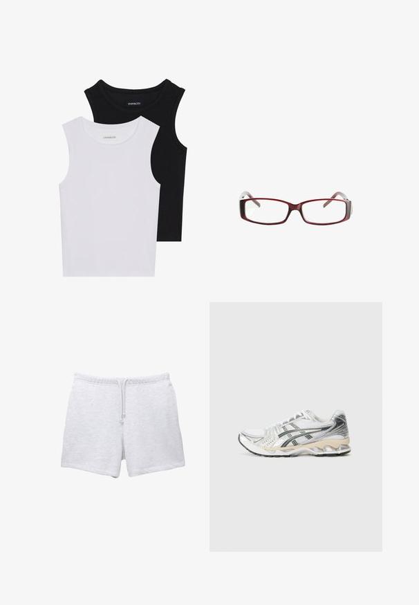 Dve brezrokavne majice v črni in beli barvi, izdelane iz rebrastega bombaža, z okroglimi izrezi in prilegajočim oblikovanjem. Oznake so vidne na obeh.; Svetlo sivi kratki hlače iz bombaža z elastičnim pasom in vrvico. Imajo mehko teksturo in raven kroj brez vidnih vzorcev.; Bela atletska obuća s srebrnimi in črnimiDetajli, mrežast zgornji del, teksturiran dizajn, oblazinjen podplat in prilagodljiv profil profila.; Rdeče pravokotne očalno okvirje s eleganten dizajn. Jasne leče, rahlo prosojne temple in gradientni učinek od rdeče do sive.; Črna, mehka torba z ohlapnim videzom, izdelana iz gladkega materiala, z zategovalnim zapiranjem in dvema naramnicama, jo drži oseba, oblečena v rdečo obleko.