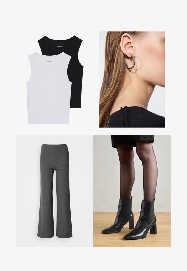 To stribede toppe i sort og hvid, lavet af ribbet bomuld, med runde halsudskæringer og en tætsiddende pasform. Etiketter synlige på begge.; Grå brede benbukser lavet af blødt stof, med en glat tekstur og et højtaljet design uden synlige lukninger.; Sorte læderankelstøvler med spids tå, kraftig firkantet hæl og slankt design. Har elastiske sidepaneler for nem påtagning.; Sølv hoop ørestik med en poleret overflade, prydet med små guld accenter og en rund form, båret på øreflippen.