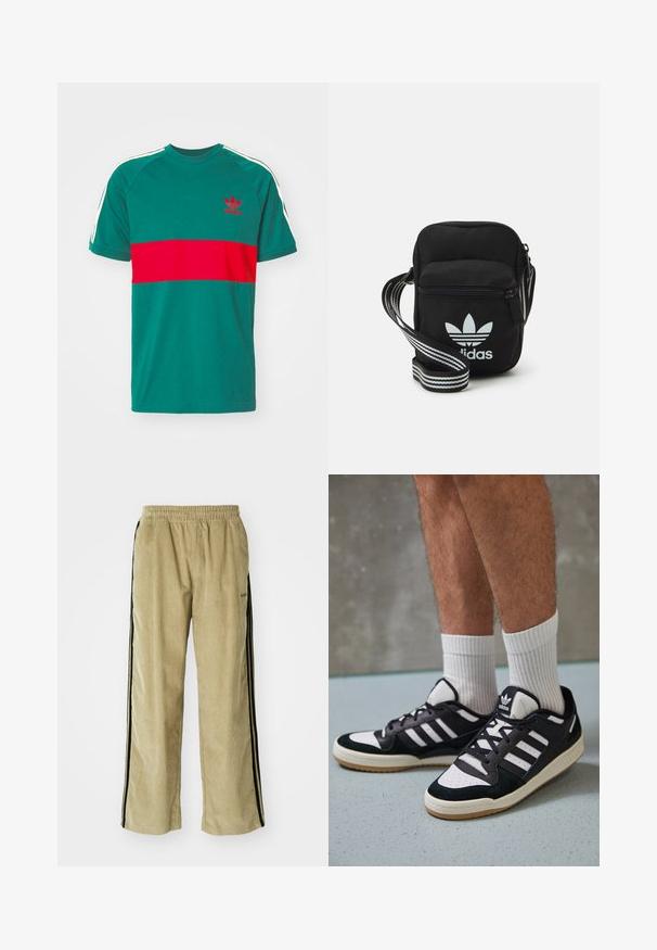 Camiseta de algodão verde com uma faixa horizontal vermelha, apresentando riscas brancas nos ombros e um logotipo bordado no peito. Mangas curtas, decote redondo.; Calças de veludo cotelê bege com um cós elástico, apresentando riscas laterais pretas. O tecido tem uma textura estriada, ligeiramente alargadas na parte inferior.; Ténis em preto e branco com upper em camurça e couro, apresentando três riscas brancas, um toe perfurado e uma sola em borracha de goma.; Sacolinha transversal de tecido preto com fecho de zíper, apresentando um logo da Adidas em branco e uma alça ajustável listrada para facilitar o transporte.