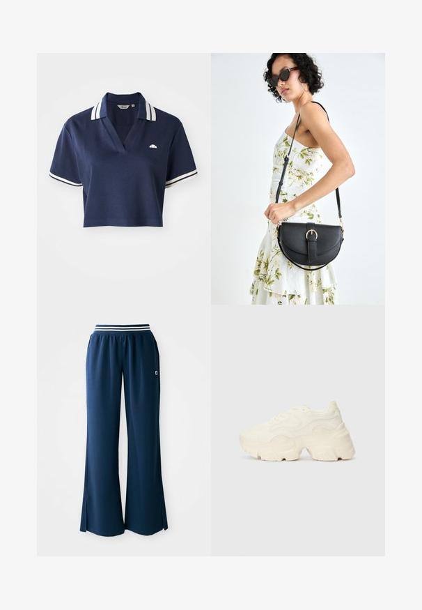 Polo de cor azul-marinho, cortado, com decote em V, colarinho às riscas brancas e mangas curtas, apresentando um pequeno logótipo no lado esquerdo do peito.; Calças de desporto azul-marinho com pernas largas, cintura elástica com uma faixa branca e aberturas laterais para maior movimento. Logótipo no bolso.; Sapatilhas brancas chunky feitas de malha texturizada e materiais sintéticos, apresentando uma sola espessa e detalhes de padrão intrincados ao longo dos lados.; Bolsa de couro preta com forma curva, alça destacável e detalhes em dourado. A bolsa possui uma aba com detalhe de fivela.