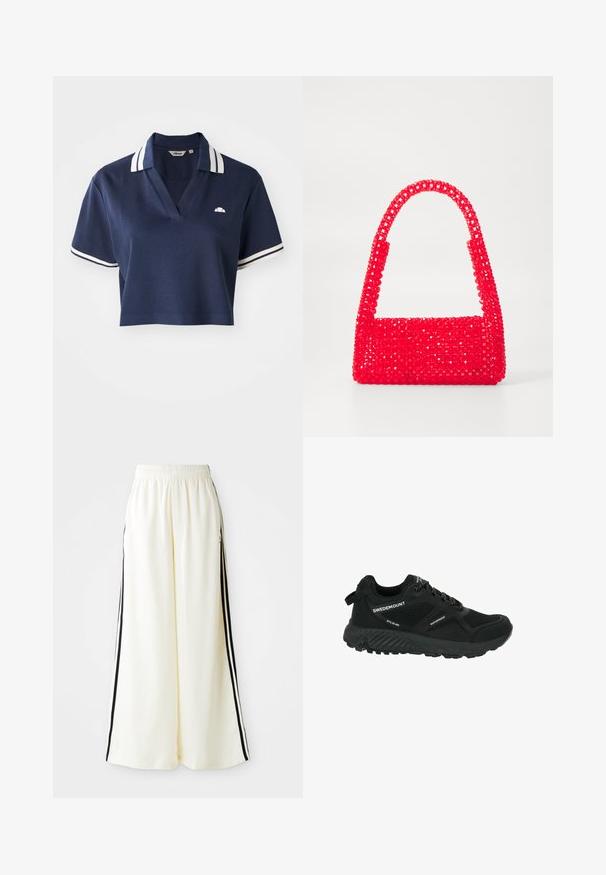 Granatowa krótka koszulka polo z dekoltem w kształcie litery V, białym, paskowanym kołnierzykiem i krótkimi rękawami, z małym logo na lewej piersi.; Białe spodnie z szerokimi nogawkami, z elastycznym paskiem w talii i czarnymi pionowymi paskami wzdłuż zewnętrznych szwów.; Czarne, wodoodporne buty turystyczne z siateczkowymi panelami, teksturowaną podeszwą, okrągłym noskiem i odblaskowymi sznurowadłami. Posiadają logo oraz pętelkę na pięcie.; Czerwona torebka wykonana z plastikowych koralików, z kwadratową podstawą i zakrzywionym uchwytem. Powierzchnia ma teksturowane, błyszczące wykończenie z wzorem koralików.