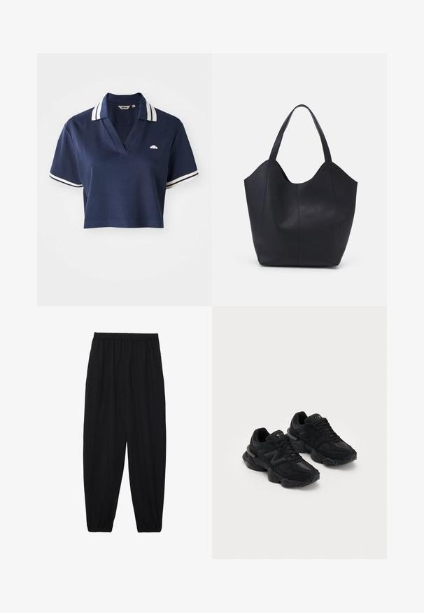 Tengerészkék, cropped polo póló V-nyakkal, fehér csíkos gallérral és rövid ujjakkal, bal mellen kis logóval.; Fekete, könnyű nadrág elasztikus derékkal és ráncolt bokákkal. Az anyag sima és laza, szűkített dizájnnal rendelkezik.; Fekete sportcipők struktúrált felsőrésszel, kiemelkedő "N" logóval, párnázott talppal és letisztult, modern vonalvezetéssel.; Fekete tote táska sima bőrből, ívelt, nyitott tetővel és két vállpánttal, minimális dizájnnal.