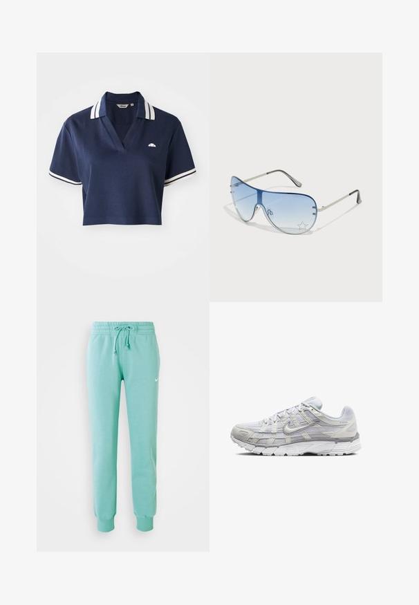 Marineblauwe cropped polo met een V-hals, witte gestreepte kraag en korte mouwen, voorzien van een klein logo op de linkerborst.; Mintgroene sweatshirtbroek met een elastische tailleband, koord en geribde boorden. Bevat een klein wit Nike-logo op de linker bovenbeen.; Lichtgrijze sportschoenen met een bovenwerk van mesh en synthetisch materiaal, voorzien van een vetersluiting, een gevoerd kraagje en een gestructureerde zool voor grip.; Aviator zonnebril met een gradient blauwe lens, zilveren metalen frame en decoratieve sterrenaccenten op de lens. Glad en strak ontwerp.