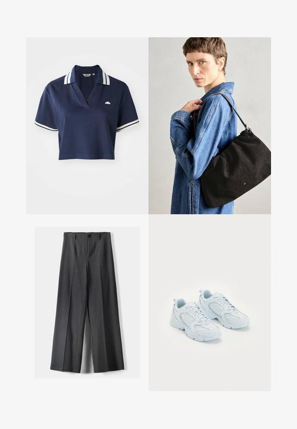 Marineblauwe cropped polo met een V-hals, witte gestreepte kraag en korte mouwen, voorzien van een klein logo op de linkerborst.; Wijde broek in donkergrijze stof, met een knoopsluiting, voorplooien en riemlussen. Gladde textuur met een op maat gemaakte uitstraling.; Lichtblauwe sportschoenen met een bovenwerk van mesh en synthetisch materiaal, voorzien van witte stippen en reflecterende accenten, vetersluiting en gevoerde zolen.; Zwarte suède handtas met een zachte, gestructureerde vorm, voorzien van een slanke leren schouderband en een subtiel merklogo. Model draagt een spijkerjack.
