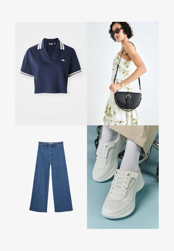 Mornarsko modra krajšena polo majica z V-izrezom, belimi črtastimi ovratniki in kratkimi rokavi, z majhnim logotipom na levem prsnem delu.; Jeans širokih nogavic v srednji modri barvi, z visokim pasom, gumbom in kontrastnimi navpičnimi šivi spredaj.; Bele teniske z mrežastim materialom, gumene podplate, brez vezalk, z elastikami in zlatimi akcenti.; Črna usnjena torbica s ukrivljeno obliko, z odstranljivo naramnico in zlatimi dodatki. Torbica ima pokrov s podrobnostmi v obliki zaponke.