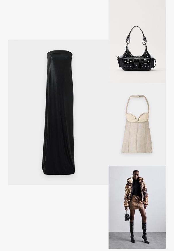 Halter-top i lys beige linned med en struktureret buste, der har dekorative øjer og en flagrende A-linje silhuet.; Sort stropløs maxikjole lavet af glat, skinnende stof. Har en tætsiddende bodice og en svungende silhuet, der når gulvet uden udsmykninger.; Pufferjakke med et brunt og sort mønster, parret med en brun slangeskinds mini nederdel, sorte støvler op til knæet og en lille sort taske.; Sort læderhåndtaske med et buet design, prydet med sølvfarvede nitter, en spænde og to sidelommer. Justerbar rem til forskellige bære muligheder.