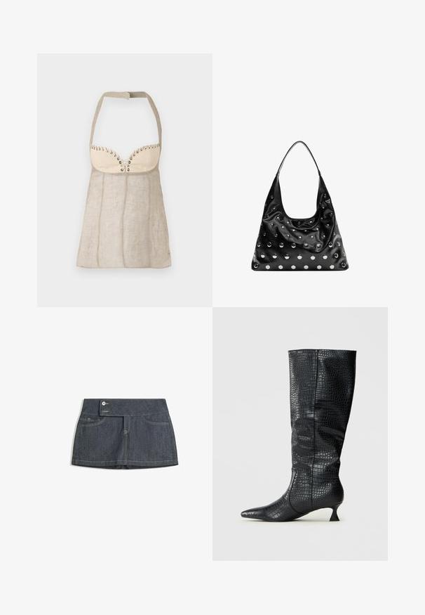 Halter-top vaaleanbeigeestä pellavasta, jossa on rakenteellinen rintaosa, koristeelliset rei'itykset ja liehuva A-linjainen leikkaus.; Tummansininen farkkahame, jossa on korkea vyötärö, kaksi etutaskua, nappisuljenta ja kontrastiväriset tikkausreunat.; Polvisukuiset mustat tekonahkabootsit, joissa on kiiltävä krokotiilitekstuuri, terävä kärki ja kapea, kulmikas korko. Klassinen muotoilu ja sulava siluetti.; Musta nahkainen käsilaukku, jolla on löysä muoto, ja siinä on hopeanvärisiä ympyränmuotoisia niittejä sekä yksi olkahihna. Tasainen pinta ja kiiltävä viimeistely.