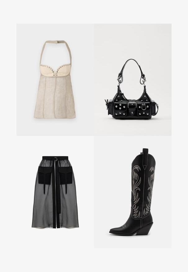 Halter top ve světle béžovém lnu se strukturovaným dekoltem, zdobený dekorativními očky a přiléhavým, do A-tvaru se rozšiřujícím střihem.; Černá průhledná sukně s nařaseným pasem, která má dvě velké přední kapsy, páskový uzávěr a kulatý kovový akcent.; Černé kožené kovbojské boty s špičatými špičkami, podpatky ve tvaru klínu a stříbrně vyšívanými květinovými vzory po celé délce. Kontrastní prošívání po celém obvodu.; Černá kožená kabelka s křivkovým designem, zdobená stříbrnými hřebíky, s přezkou a dvěma bočními kapsami. Nastavitelný popruh pro různé možnosti nošení.