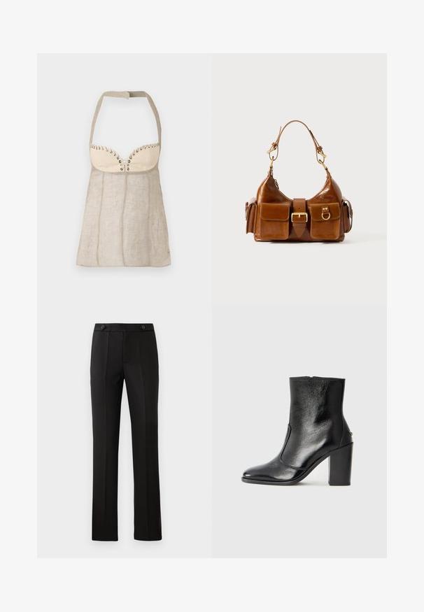 Halter-top in light beige linen with a structured bust, featuring decorative eyelets and a flared, A-line silhouette.; Black tailored trousers with a straight leg, two front pockets, a button closure, and pleat detailing on the front. Smooth fabric texture.; Black leather ankle boot with a smooth texture, pointed toe, and a chunky high heel. Features a side opening and minimalistic design.; Brown leather handbag with a curved shape, dual gold-tone hardware, two front pockets, and a wide strap. Smooth texture with a sleek finish.