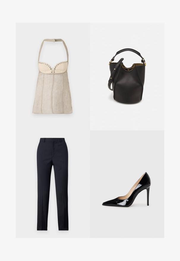 Halter-top in light beige linen with a structured bust, featuring decorative eyelets and a flared, A-line silhouette.; Navy tailored trousers with a straight cut, featuring a smooth texture, two front pockets, and a clean waistband.; Black patent leather high-heeled pump with a pointed toe design and a sleek silhouette. Features a smooth, shiny finish and a slender stiletto heel.; Black leather bucket bag with a textured finish, gold hardware accents, and an open top. Features a short handle and adjustable shoulder strap.