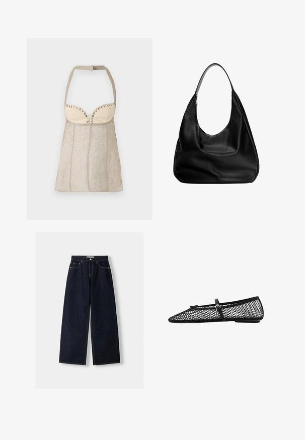 Top a halter in lino beige chiaro con un busto strutturato, caratterizzato da occhielli decorativi e una silhouette a campana in forma di A.; Jeans a gamba larga in denim blu scuro con vita alta, cinque tasche, cuciture a contrasto e hardware in metallo argentato. Texture liscia e finitura pulita.; Ballerina nera in rete con punta affusolata, cinghia decorativa e accento sottile. Presenta un design a rete aperta e suola piatta.; Borsa hobo in pelle nera con design morbido, ampia tracolla e texture liscia. Presenta una chiusura con zip laterale.