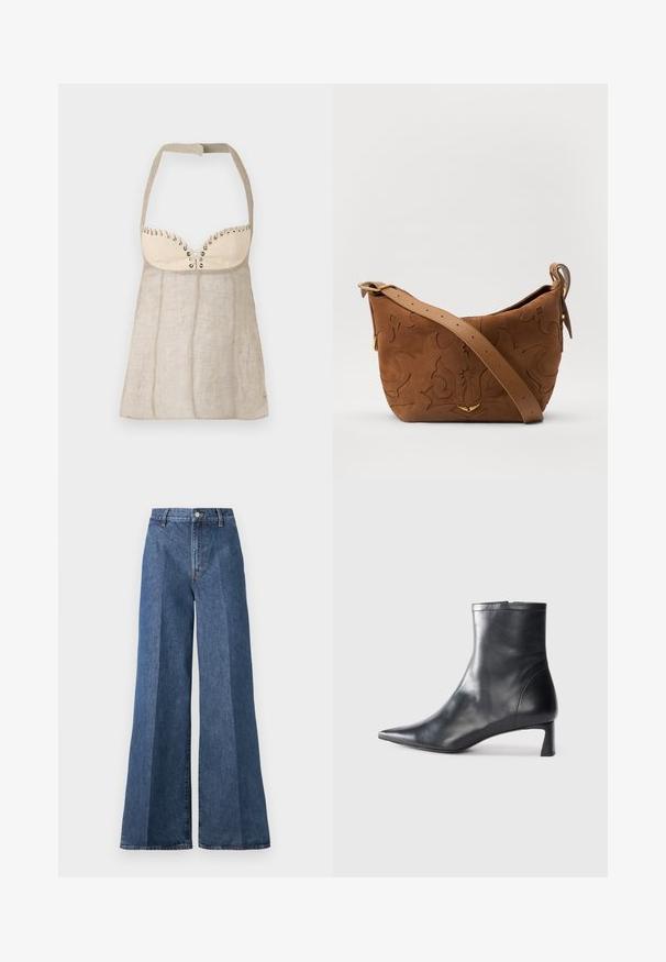 Halter-top in lichtbeige linnen met een gestructureerde buste, voorzien van decoratieve eyelets en een uitlopende, A-lijn silhouet.; Wijd flonkerige blauwe denim jeans met een hoge taille, voorzien van klassieke vijf-pocketstijl en een knoopsluiting, gemaakt van gestructureerde katoen.; Zwarte leren enkellaars met een spitse neus en een slank ontwerp. Heeft een lage hak en een ritssluiting aan de achterkant. Gladde textuur.; Bruine suède schoudertas met een geperst bloemmotief, aangevuld met een gladde bruin leren schouderband en accenten in goudkleurig metaal.