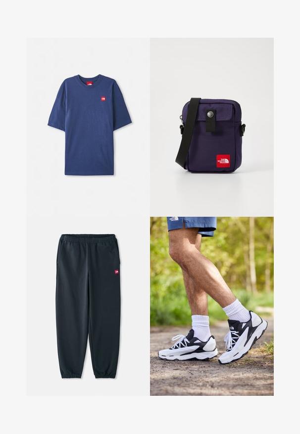 Mornarško modra kratkodlačna majica iz bombaža, s krožnim izrezom in majhno rdečo oznako na prsih.; Črne jogger hlače iz gladkega materiala, z elastiko v pasu, manšetami na gležnjih in majhnim rdečim logotipom na strani.; Črne in bele športne čevlje z mrežnim zgornjim delom, teksturiranimi poudarki in belimi vezalkami. Nosi se z belimi nogavicami do gležnjev in mornarskimi kratkimi hlačami na poti.; Vijolična najlonska torba za ramo s sprednjim poklopcem, zapiranjem na pritisni gumb, nastavljivim črnim trakom in rdečo oznako na sprednji strani.