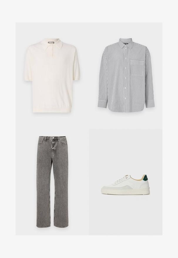 Short-sleeve polo shirt in cream with a classic collar, four-button placket, and ribbed hem. Made from soft, lightweight fabric.; Striped button-up shirt in black and white, featuring long sleeves, a classic collar, and a chest pocket with horizontal stripes.; Gray denim jeans featuring a straight-leg cut, five-pocket design, and a button closure at the waistband. Subtle faded texture throughout.; White sneaker with suede accents, rounded toe, flat laces, and a cream rubber sole. Features green branding on the heel.