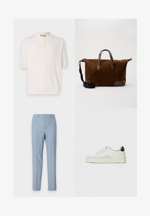 Koszulka polo z krótkim rękawem w kolorze kremowym, z klasycznym kołnierzykiem, czterema guziczkami na przodzie i ściągaczem na dole. Wykonana z miękkiego, lekkiego materiału.; Jasnoniebieskie spodnie w paski o dopasowanym kroju, z pionowymi prążkami w białym kolorze. Wykonane z gładkiego materiału o dopasowanym fasonie.; Białe trampki z zamszowymi akcentami, zaokrąglony czubek, płaskie sznurowadła i kremowa gumowa podeszwa. Posiadają zielone logo na pięcie.; Brązowa zamszowa torba podróżna z ciemnymi skórzanymi akcentami, podwójnymi górnymi uchwytami, regulowanym paskiem na ramię i solidnym zapięciem na zamek.