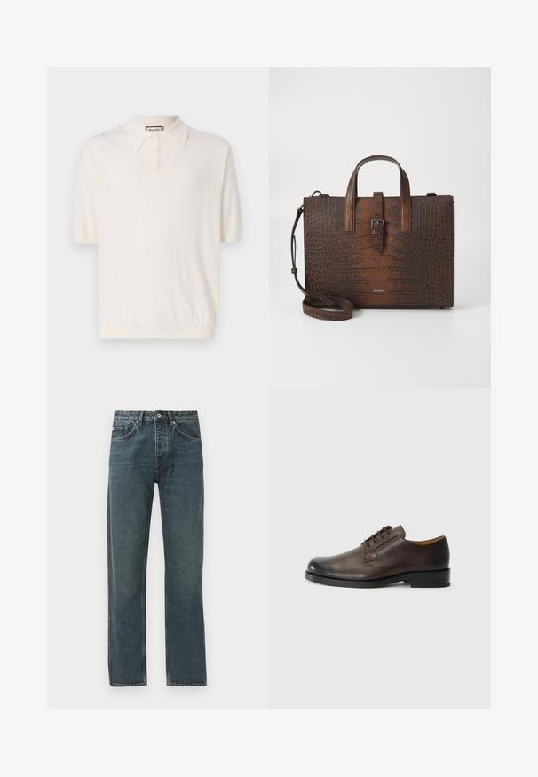 Polo majica s kratkimi rokavi v kremni barvi s klasičnim ovratnikom, zapenjanjem na štiri gumbe in rebrastim robom. Narejena iz mehke, lahke tkanine.; Temno modri denim kavbojke s ravno krojem, ki vključujejo pet žepov, gumbno zapiranje in kontrastne šive.; Rjave usnjene čevlje z zaobljenim nosom, nizko peto, vezalnim dizajnom in gladko površino. Imajo minimalne šive in sijajno končno obdelavo.; Brašna iz rjave krokodilne usnjene embalaže s zgornjimi ročaji in odstranljivim ramenskim trakom. Ima zapiranje z zaponko in pravokotno obliko.