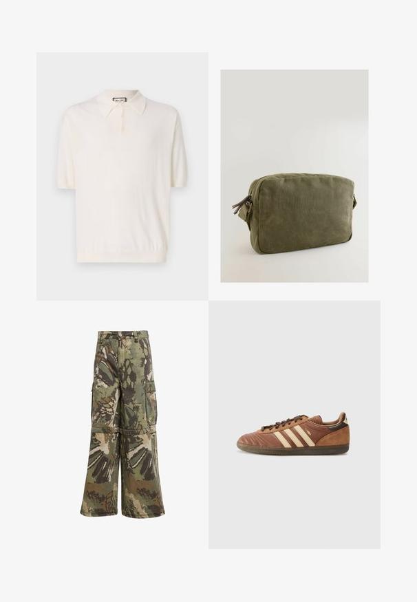 Polo shirt a maniche corte in crema con colletto classico, pattina con quattro bottoni e orlo a coste. Realizzato in un tessuto morbido e leggero.; Pantaloni cargo camouflage con una vestibilità ampia, realizzati in tessuto resistente in tonalità verde, marrone e beige, dotati di tasche cargo e chiusura a bottone.; adidas Originals SAMBA UNISEX - Sneakers basse - preloved brown/sand strata/dark brown; Borsa in tela verde oliva di forma rettangolare, con chiusura con cerniera e dettagli in pelle sul tirante della cerniera.