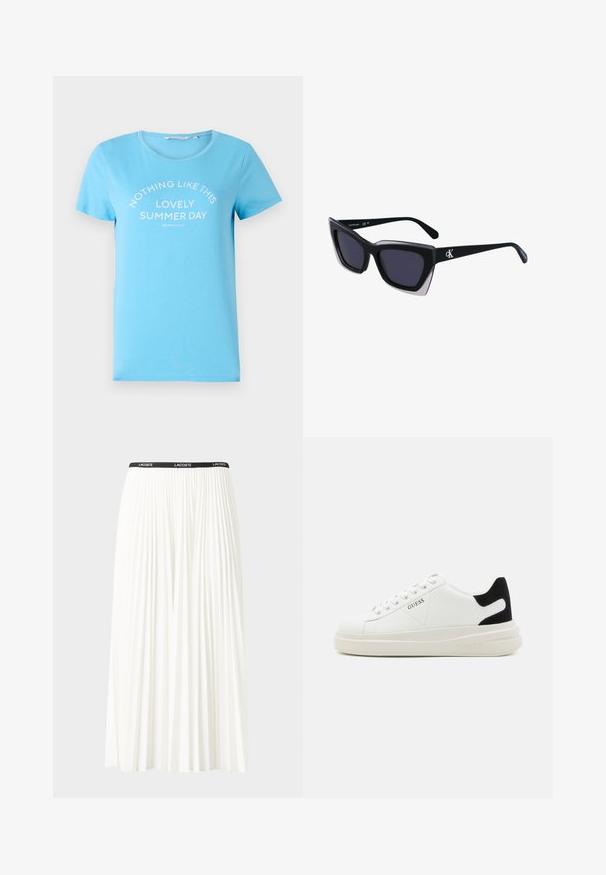 Jasnoniebieska bawełniana koszulka z okrągłym dekoltem i krótkimi rękawami, z nadrukiem tekstu "NIC NIE JEST JAK TEN UROCZY LETNI DZIEŃ" w białym kolorze.; Plisowana biała spódnica z czarnym elastycznym pasem z logo "LACOSTE". Średniej długości, o miękkiej teksturze.; Białe skórzane sneakersy z grubą białą podeszwą, czarnym zamszowym akcentem na pięcie oraz wytłoczonym logotypem z boku. Projekt z sznurówkami i sześcioma dziurkami.; Czarne, oversize okulary przeciwsłoneczne o geometrycznym kształcie, z ciemnymi soczewkami i kontrastującym szarym detalem na oprawie. Logo na ramieniu.