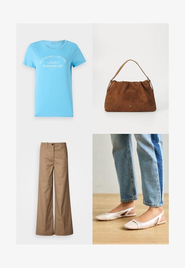 Svetlomodré bavlnené tričko s okrúhlym výstrihom a krátkymi rukávmi, potlačené textom "NIČ NIE JE TAKÉ AKO TENTO KRÁSNY LETNÝ DEŇ" v bielej farbe.; Široké nohavice vyrobené z hladkej, béžovej látky. Majú predné zapínanie na gombík, pútka na opasok a bočné vrecká. Čisté línie bez viditeľných vzorov.; Svetloružové slingback baleríny s jemne špicatou špičkou, vyrobené z hladkého materiálu pripomínajúceho kožu. Majú výrezové detaily na stranách a plochý opätok.; Hnedá semišová kabelka s nariaseným dizajnom, s jedným koženým remienkom v svetlohnedej farbe a jemným zlatým logom na prednej strane.