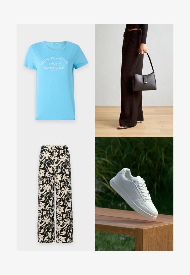 Slight sinine puuvillane T-särk, millel on ümmargune kaelus ja lühikesed varrukad, millele on prinditud tekst "MITTE MISKI EI OLE NII ILUS SUVEPÄEV" valgete tähtedega.; Mustad laiad püksid kreemja lillemustriga. Valmistatud kergest kangast, millel on sile tekstuur ja kõrge vöökoht.; Valged sneakerd, millel on sile sünteetiline ülemine osa, väikeste aukudega varvaskast, lamedad paelad ja tekstuuriga tald, eksponeeritud puidust pinnal.; Must musta kott, millel on struktureeritud kuju, sile tekstuur ja metallist klamber. Kombineeritud laiate mustade pükstega ja avatud varvaste sandaalidega puidust põrandal.
