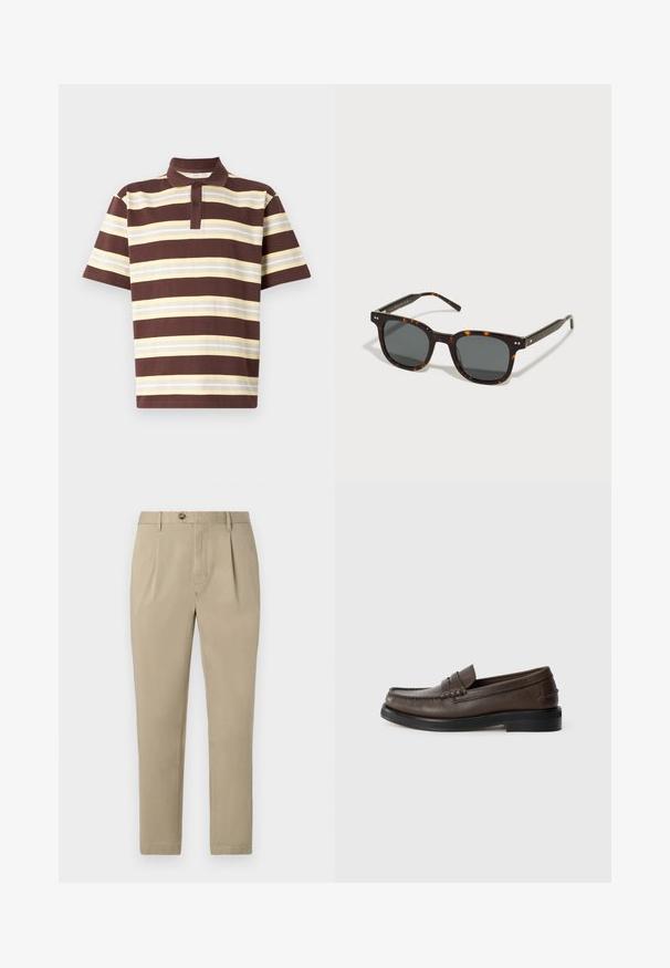 Brązowa i żółta polo z paskami, krótki rękaw, plisa na trzy guziki, materiał bawełniany, teksturowana tkanina o różnych szerokościach pasków.; Tommy Hilfiger HARLEM wielbłądzi; Brązowe skórzane loafersy z okrągłym noskiem, ozdobnym przeszyciem i płaską czarną podeszwą. Posiadają mały dekoracyjny pasek na podbiciu.; Okulary przeciwsłoneczne w kolorze żółwia z ciemnymi szkłami, kwadratowy kształt, grube ramki i metalowe akcenty z przodu. Elastyczne ramiona zapewniające komfort.