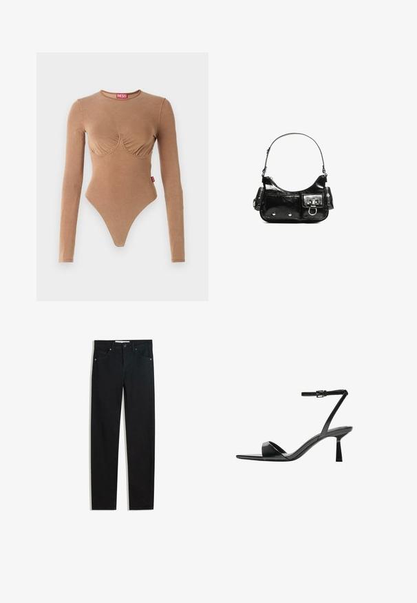 Ruskea pitkähihainen bodysuit pyöreällä kaula-aukolla ja rypytetyllä rintaosiolla. Valmistettu sileästä kankaasta, jossa on thong-tyylinen alaosa ja pieni logo-etiketti.; Mustat farkut suoralla lahkeella, viisi taskua, metallinapit kiinnityksessä ja hienovaraisia ompeluyksityiskohtia. Sileä pinta.; Bershka Korolliset sandaalit - black; Mustekko mustasta kiiltonahasta valmistettu käsilaukku, jossa on kaareva muoto, yksi olkahihna, etutaskut ja hopeanväriset yksityiskohdat.