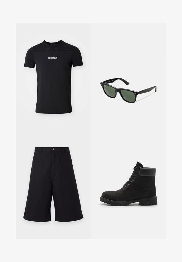 Musta lyhythihainen urheilupaita, jossa verkkomainen yläosa ja "Calvin Klein" -logo valkoisena rinnassa.; Mustat puuvillashortsit suorin leikkauksin, joissa on etutaskut, nappisuljenta ja materiaali, joka sopii vapaa-ajan käyttöön.; Mustat nauhalla kiinnitettävät nilkkurit, joissa on pehmustettu kaulus ja jämäkkä pohja, esitettynä profiloituna valkoista taustaa vasten.; Mustat muoviset aurinkolasit, joissa on vihreät linssit, neliönmuotoiset kehykset, hopeinen yksityiskohta kulmakarvojen kohdalla sekä tekstuuriset temppeleiden varret. Brändi ilmoitettu sisävarsissa.