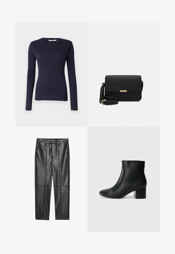 Top de manga longa azul marinho em textura canelada, com um decote arredondado e um design ajustado, destacando um tecido liso com um brilho subtil.; Calças de pele preta com uma textura suave, apresentando um ajuste reto, dois bolsos frontais e detalhes de costura visíveis.; Botas de tornozelo em pele preta com bico pontiagudo e um salto robusto. Textura suave com acentos mínimos e um design ajustado e elegante.; Bolsa crossbody em pele preta com fecho de aba, detalhes em metal dourado, alça ajustável e superfície texturizada. Forma retangular compacta.