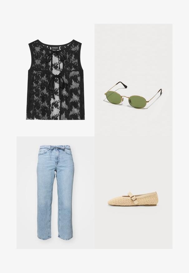 Černý krajkový top s květinovým vzorem, přední část s klíčovou dírkou a detaily na zavazování, kulatý výstřih. Průhledná látka dodává texturu.; Světle modré džíny z denimu s uvolněným rovným střihem, pěti kapsami a pasem s poutky na opasek. Ošoupaný vzhled s jemným vyblednutím.; Béžové pletené baleríny s špičatou špičkou, s ozdobným přezkovým páskem a nízkým profilem. Měkká textura s jednoduchým designem.; Oválné sluneční brýle se zelenými skly, zlatým kovovým rámem a tmavě hnědými plastovými konci. Lehoučké, s viditelným logem Ray-Ban na jednom skle.; Žlutá skládací kabelka vyrobená z hladké umělé kůže, s jemným tvarem, jedním ramenním popruhem a designem s nařaseným vrškem.