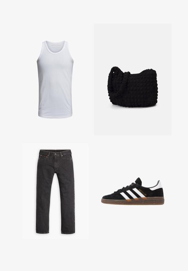 Balta kokvilnas bezdelīgas krekls ar apkakli, platu plecu lenti un minimālu zīmolu, kas iegravēts apkaklē. Mīksta tekstūra, brīvs piegriezums.; Melnas taisnu kāju džinsu bikses ar pieciem kabatām, pogu aizdari un vara kniedēm, izklātas plakani uz balta fona.; Melnas Adidas sporta kurpes ar baltām svītrām, zelta "Spezial" uzrakstu, gumijas zoli un baltu papēža daļu, attēlotas profila skatījumā.; Melnas auduma soma ar strukturētu, quiltotu rakstu. Apaļa forma, īsas, resnas rokturi un mīksta, elastīga konstrukcija.