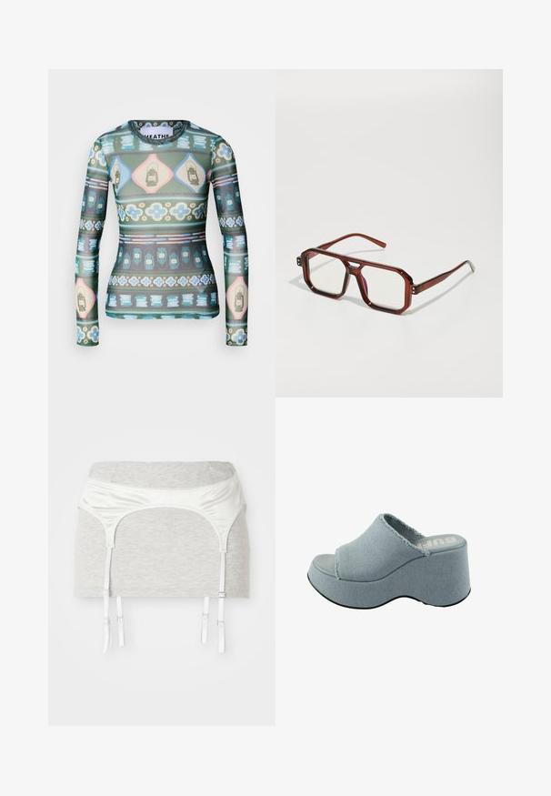 Dolga majica iz prosojnega materiala z barvnim vzorcem svetilk, cvetja in geometrijskih oblik v odtenkih zelene, roza in modre.; Sivkasta bomba oblačilo iz bombaža z belim satenastim pasom in štirimi nastavljivimi trakovi za podvezice. Gladka tekstura, kroj, ki se prilega.; Svijetloplave platforme s natikačama, s izdrijemljenim gornjim dijelom od tkanine, otvorenim prstima, debljim zaobljenim potplatom i teksturiranim sivim đonom.; Rjavi prozorni preko velikh naočala s pravokutnim lećama i tankim okovima. Kutni, blago zaobljeni rubovi i vidljivi hardverski detalji.