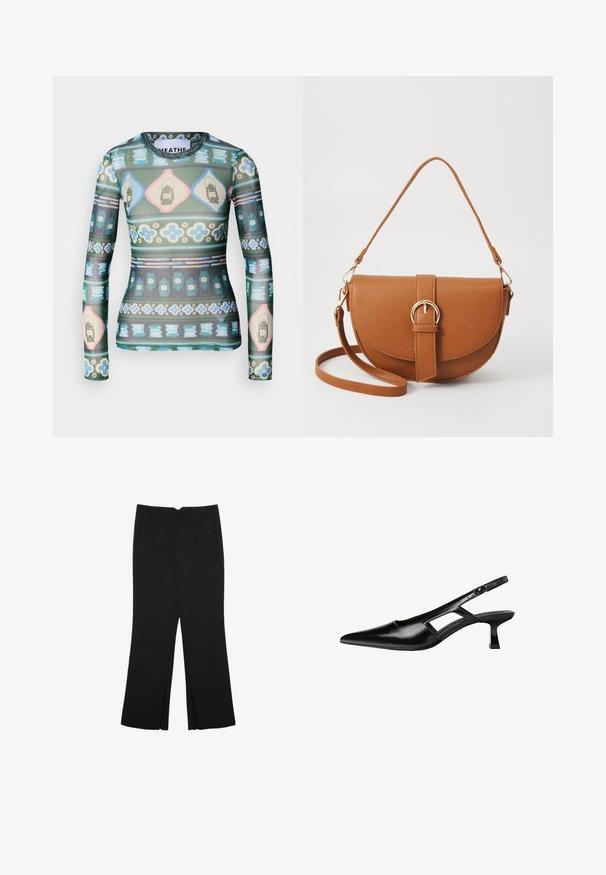 Dlhý rukáv s priesvitnou látkou, ktorá má farebný vzor s lampiónmi, kvetmi a geometrickými tvarmi v odtieňoch zelenej, ružovej a modrej.; Čierne nohavice so strihom rovného strihu, s prednými vreckami a bočnými rozparkami na leme. Vyrobené z mäkkej, hladkej tkaniny. Vhodné na rôzne príležitosti.; Čierne lakované kožené lodičky na podpätku s špicatou špičkou, výrezovým dizajnom na boku a malým štvorcovým podpätkom. Hladký povrch s minimálnymi akcentmi.; Hnedá kožená kabelka cez telo s zakriveným tvarom, zlatými kovovými doplnkami a akcentom s prackou. Obsahuje odnímateľný ramenný popruh.