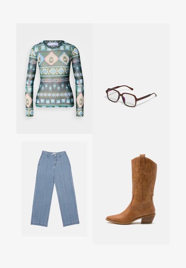 Langarmshirt van doorschijnende stof met een kleurrijk patroon van lantaarns, bloemen en geometrische vormen in tinten groen, roze en blauw.; Lichtblauwe wijde jeans van denim. Heeft een hoge taille, knoopsluiting en zichtbare stiksels. Geen zakken zichtbaar aan de voorkant.; Tan leren cowboylaars met puntige neus, geborduurde spiraalpatronen op de schacht en een gestapelde blokhak. Voorzien van een trekband voor gemakkelijke aan- en uittrekken.; Bruine, rechthoekige bril met transparante glazen en paarse tinten. Glad kunststof montuur met rechte pootjes en subtiele accenten.