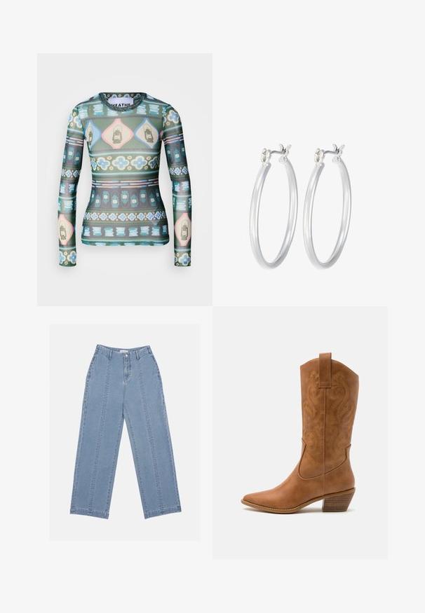 Langärmliges Oberteil aus transparenter Stoff mit einem bunten Muster aus Laternen, Blumen und geometrischen Formen in Grüntönen, Rosa und Blau.; Hellblaue weite Jeans aus Denim. Mit hoher Taille, Knopfschluss und sichtbaren Nähten. Auf der Vorderseite sind keine Taschen sichtbar.; Braune Leder-Cowboy-Stiefel mit spitzem Zehenbereich, bestickten Wirbelmustern am Schaft und einem gestapelten Blockabsatz. Verfügt über einen Ziehriemen für das einfache Anziehen.; Silberne Creolen mit einer glatten, polierten Oberfläche. Runder Form und sicherem Klickverschluss. Leichtes Design, geeignet für den täglichen Gebrauch.