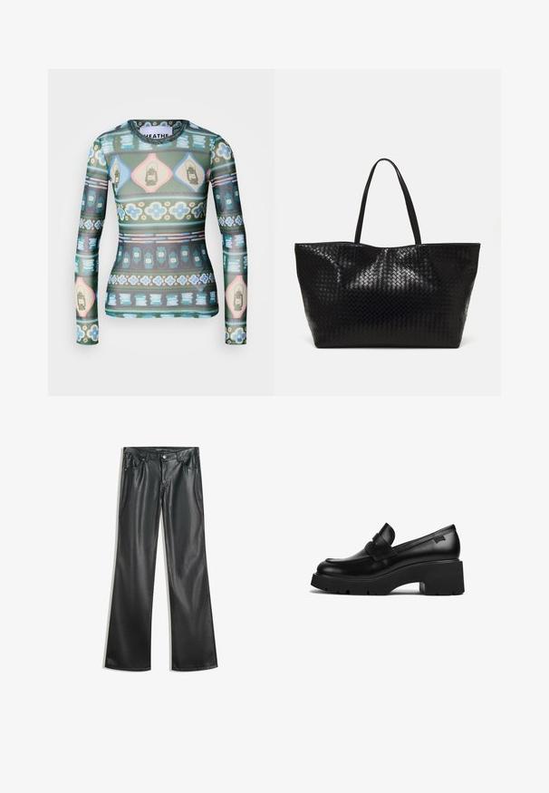 Long-sleeve top in sheer fabric featuring a colorful pattern of lanterns, flowers, and geometric shapes in shades of green, pink, and blue.; Black faux leather flared pants with a smooth texture, five-pocket design, front zipper, and contrasting stitching.; Black leather chunky-heeled loafer with thick sole and a strap detail across the top, shown from the side on a white background.; Black woven tote bag with two sturdy handles, featuring a glossy texture and a spacious open top design.