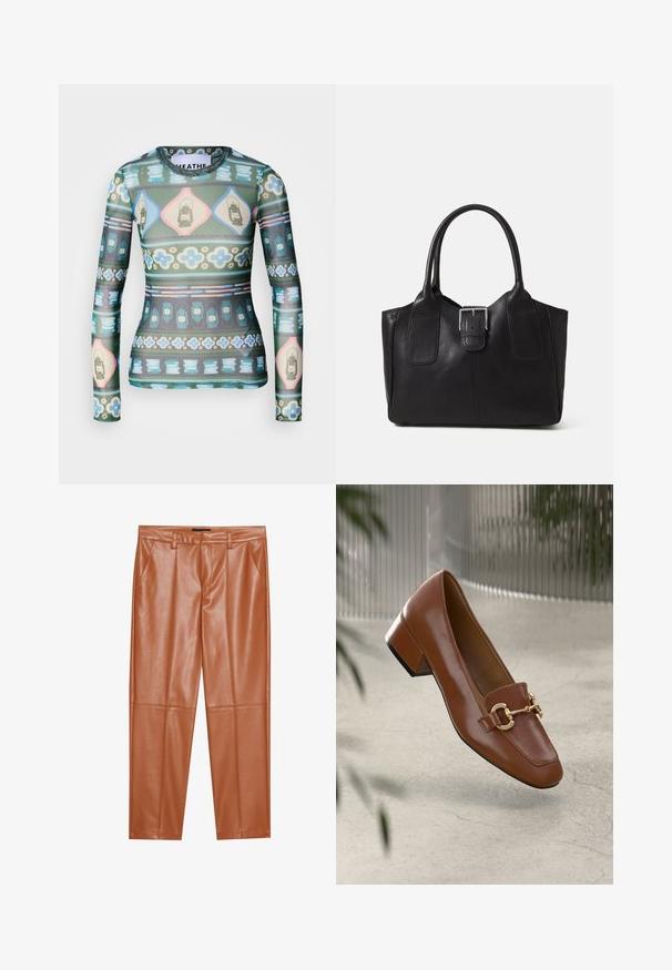 Long-sleeve top in sheer fabric featuring a colorful pattern of lanterns, flowers, and geometric shapes in shades of green, pink, and blue.; Brown faux leather trousers with a tailored fit, featuring front pleats and straight legs. Smooth texture with no visible hardware or accents.; Brown patent leather loafer with square toe, metallic chain accent, and low block heel; smooth texture, minimalist design.; Black leather tote bag with smooth texture, structured shape, two handles, and a prominent silver buckle detail on the front.