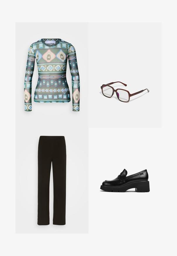 Top de manga larga en tejido transparente con un patrón colorido de farolillos, flores y formas geométricas en tonos de verde, rosa y azul.; Pantalones negros de pierna recta, confeccionados en tejido plano, con frente liso, dos bolsillos laterales y una textura suave. Sin patrones ni adornos visibles.; Mocasín de cuero negro con tacón grueso y suela gruesa, con un detalle de correa en la parte superior, mostrado de lado sobre un fondo blanco.; Gafas marrones y rectangulares con lentes transparentes y tintes morados. Montura de plástico suave con patillas rectas y detalles sutiles.