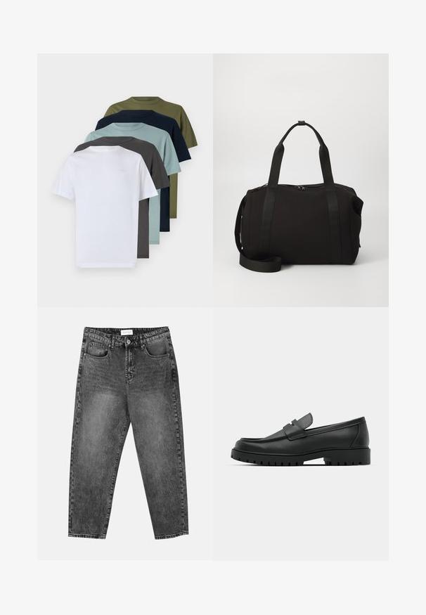 Seis camisetas de cuello redondo de manga corta en blanco, gris oscuro, azul claro, azul marino, verde oliva y verde oscuro, que muestran colores sólidos y una textura de algodón.; Jeans de pernera recta en lavado negro con bolsillos delanteros y traseros, trabillas para cinturón y cierre de botón en la cintura.; Mocasines de cuero negro con punta redonda, que cuentan con un diseño cosido, suela de plataforma baja y una suela de goma texturada y con tacos.; Bolsa de deporte negra con asas gruesas y una correa desmontable. Fabricada en un tejido suave, cuenta con un cierre de cremallera y un diseño minimalista.