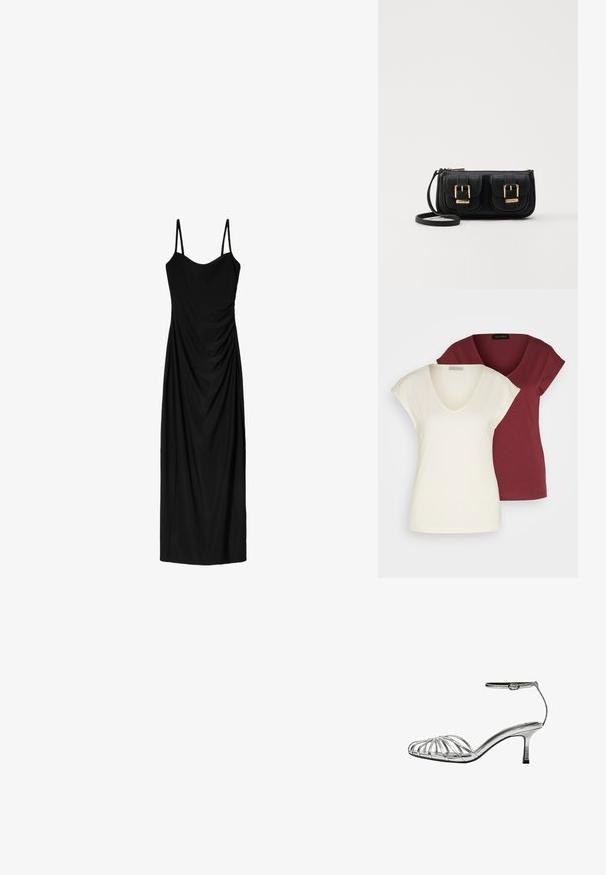 Due magliette a collo a V: una in crema con maniche corte, l'altra in bordeaux. Entrambe sono realizzate in morbido tessuto di cotone e hanno una vestibilità comoda.; Abito midi nero con sottili spalline regolabili, caratterizzato da un design drappeggiato e una texture liscia. Nessun motivo o decorazione visibile.; Sandalo con tacco basso argentato e strappi incrociati multipli, dotato di una cinghia alla caviglia con fibbia e una superficie liscia e lucida.; Borsa a tracolla nera in pelle con due tasche frontali, fibbie dorate, chiusura con zip e una tracolla sottile. Superficie texturizzata e forma rettangolare compatta.
