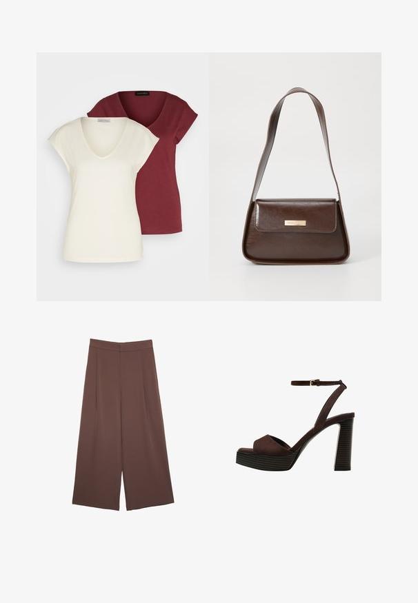 Dve v-neck majice: ena v kremni barvi z kratkimi rokavi, druga v burgundski barvi. Obe sta izdelani iz mehkega bombaža in imata sproščen kroj.; Rjave široke hlače z gladko teksturo, ki imajo visok pas in sprednje naborke. Tkanina je lahka in prosto pada.; Rjave semiš sandale z visoko peto, odprto spredaj, z nastavljivim gležnjenjem in črtastim podplatom.; Rjava usnjena torba za ramo z urejeno obliko, ki ima magnetno zapiranje na pokrovu in kovinski logotip na sprednji strani.