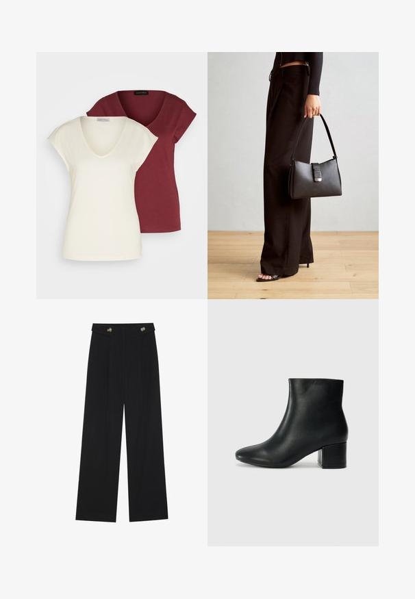 Două tricouri cu guler în V: unul în culoarea crem cu mâneci scurte, celălalt în burgund. Ambele au un material din bumbac moale și o croială lejeră.; Pantaloni negri cu picioare largi, talie înaltă, detalii cu butoane pe talie și pliseuri în față.; Cizme negre din piele până la gleznă, cu vârf ascuțit și toc robust. Textură netedă, cu accente minime și un design elegant, ajustat.; Genți negre cu o formă structurată, textură netedă și un închizător metalic. Asortată cu pantaloni negri largi și sandale cu vârf deschis pe un podea din lemn.