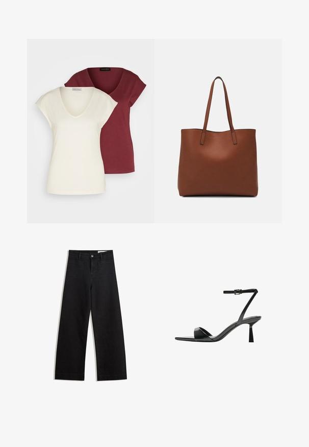 Twee v-hals t-shirts: de ene in crème met korte mouwen, de andere in bordeauxrood. Beide hebben een zachte katoenen stof en een relaxte fit.; Zwarte denim broek met wijde pijpen en een hoge taille, voorzien van voor- en achterzakken, gestikte naden en een knoopsluiting. Gladde textuur.; Bershka Sandalen met hoge hak - black; Bruine leren tote bag met een gladde textuur, een ontwerp met een open bovenkant en twee schouderbanden. Kenmerkt zich door minimale stiksels en geen zichtbare hardware.
