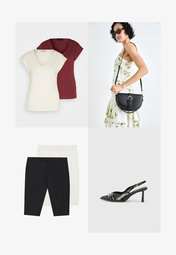 Two v-neck t-shirts: one in cream with short sleeves, the other in burgundy. Both feature soft cotton fabric and a relaxed fit.; Two pairs of fitted leggings: one in ribbed black fabric, the other in smooth white. Both feature elastic waistbands and seamless designs.; Black patent leather slingback shoe with pointed toe, ankle straps featuring silver buckles and hardware, and a slender heel.; Black leather handbag with a curved shape, detachable strap, and gold hardware. The bag features a flap with a buckle detail.