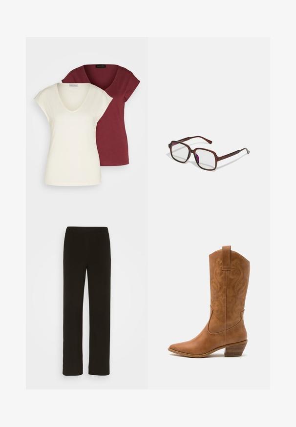 Du apvalios kaklo marškiniai: vieni kreminės spalvos su trumpomis rankovėmis, kiti vyno raudoni. Abu pagaminti iš minkštos medvilnės ir turi laisvą kirpimą.; Juodi tiesūs kelnės, pagamintos iš audinio, turinčios lygų priekį, dvi šonines kišenes ir glotnų paviršių. Nėra matomų raštų ar akcentų.; Ruda odinė kantri batai su smailiu būtų pirštu, siuvinėtais spiralės raštais ant viršaus ir su kamščiu blokuotu kulnu. Yra tamprių užtraukių, kad būtų lengviau užsidėti.; Rudos, stačiakampiai akinių rėmeliai su skaidriais lęšiais ir violetiniais atspalviais. Lygus plastikinis rėmas su tiesiomis šventyklomis ir subtiliais akcentais.; Sidabriniai auskarai su sklandžiu, poliruotu paviršiumi. Apvalios formos ir saugus uždarymo mechanizmas. Lengvas dizainas, tinkantis kasdieniam dėvėjimui.