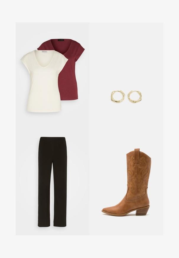 To v-hals t-shirts: en i cremefarvet med korte ærmer, den anden i bourgogne. Begge har blødt bomuldsstof og en afslappet pasform.; Sorte, lige bukser lavet af vævet stof, med flad front, to sidelommer og en glat tekstur. Ingen synlige mønstre eller accenter.; Tan læder cowboystøvle med spids tå, broderede svirvelmønstre på skaftet og en stablet blokhæl. Har en træksløjfe for nem af/på.; Gul hoop ørestikker med en struktureret, uregelmæssig form. Har en sømløs lukning og en poleret overfladefinish, der fremhæver et moderne design.
