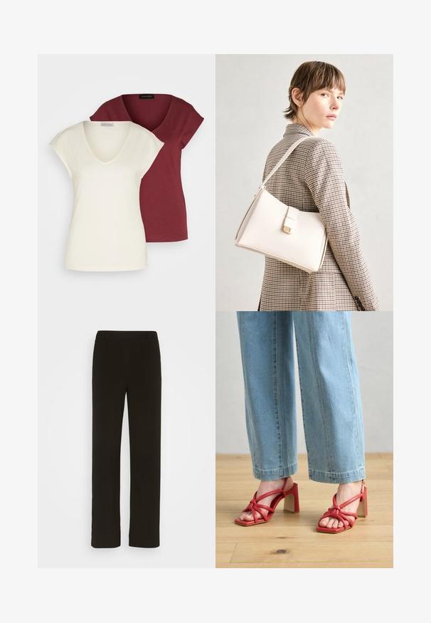 Dos camisetas de cuello en V: una en crema con mangas cortas y la otra en burdeos. Ambas cuentan con un tejido de algodón suave y un corte relajado.; Pantalones negros de pierna recta, confeccionados en tejido plano, con frente liso, dos bolsillos laterales y una textura suave. Sin patrones ni adornos visibles.; Sandalias rojas de tacón con correas anudadas y diseño de punta abierta. Forma de punta cuadrada y tacón ancho. Combinadas con jeans de pierna ancha de color azul claro.; Bolso de mano de cuero blanco con un diseño estructurado, que presenta un cierre magnético y una correa para el hombro, exhibido sobre un fondo neutro.; Pendientes de aro de plata con un acabado liso y pulido. Forma redonda y cierre de click seguro. Diseño ligero adecuado para el uso diario.
