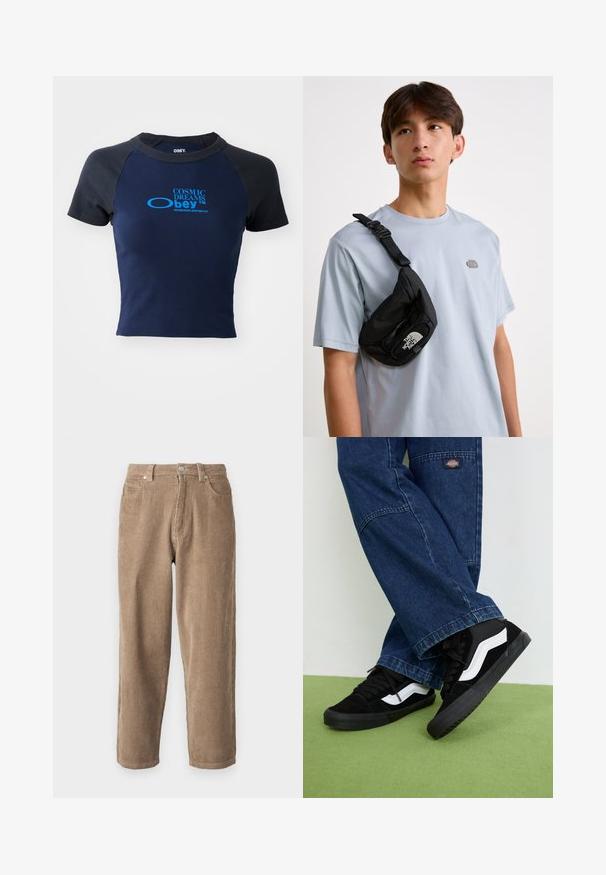 Obey Clothing COSMIC DREAMS - T-shirts med print - black iris; Brune kordfløyelsbukser med rett passform, med knappelukking, fem lommer og vertikal ribbestruktur gjennom hele buksen.; Svart og hvite joggesko med teksturert overdel, med et karakteristisk hvitt bølkemønster, kombinert med løse blå denimbukser.; Svart nylon crossover-bag med justerbar stropp, med en fremtredende hvit logo. Bært over en lyseblå t-skjorte. Enkelt, funksjonelt design.